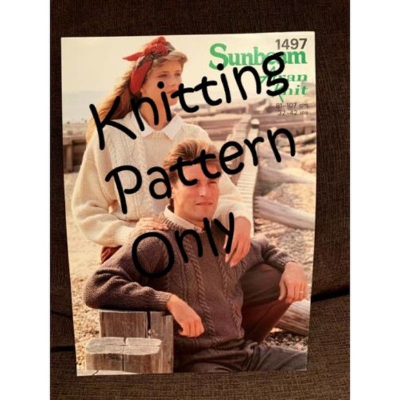 New Sunbeam Aran Knit 1497 His Hers Diamond Moss Stitch Sweater Knitting Pattern - Picture 1 of 3